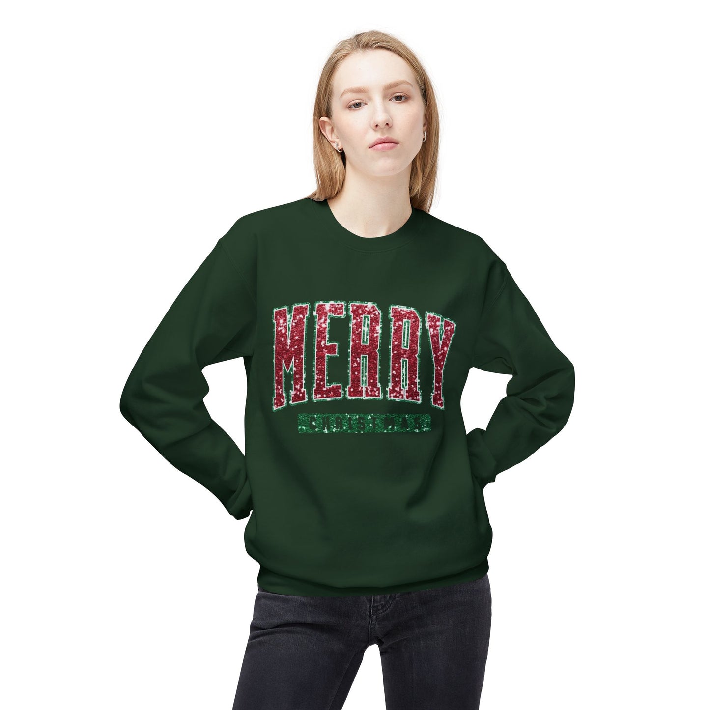 Merry Christmas Glitter Graphic Sweater NEW Unisex Fleece Crewneck Sweatshirt
