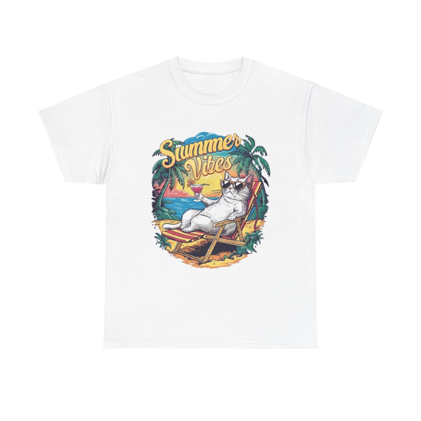 Summer Vibes Graphic T Shirt Funny Cat Drinking Unisex Heavy Cotton Tee