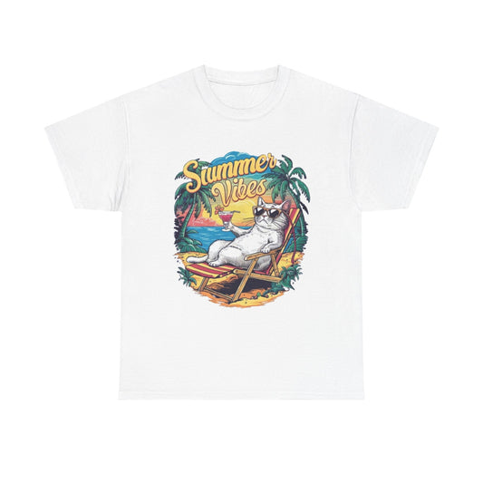 Summer Vibes Graphic T Shirt Funny Cat Drinking Unisex Heavy Cotton Tee