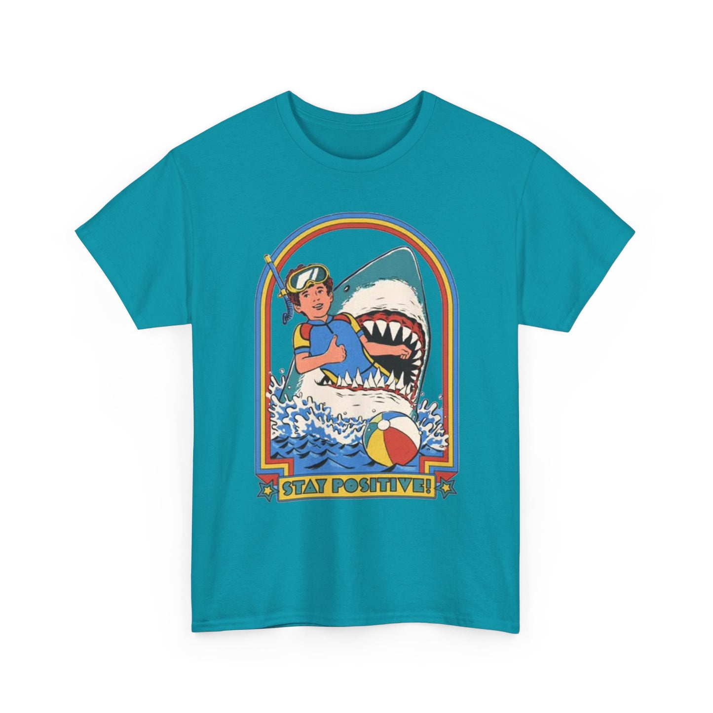 Stay Positive Funny Shark Attack Graphic T Shirt NEW Unisex Heavy Cotton Tee