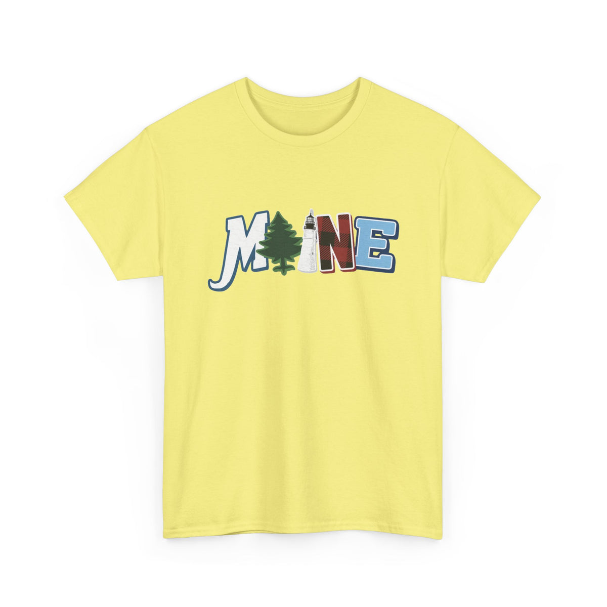 Maine Typography Tee | State Outline, Pine Tree, Lighthouse Men's Graphic T Shirt