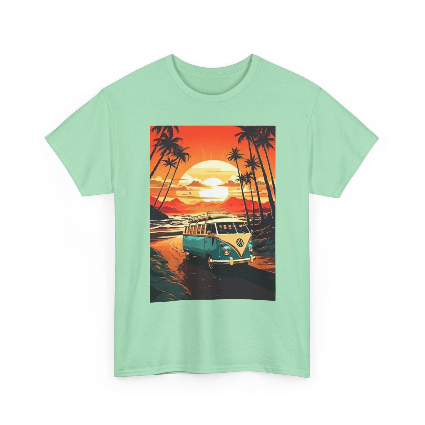 Beach Sunset Graphic T Shirt Surfing Bus Retro Unisex Heavy Cotton Tee