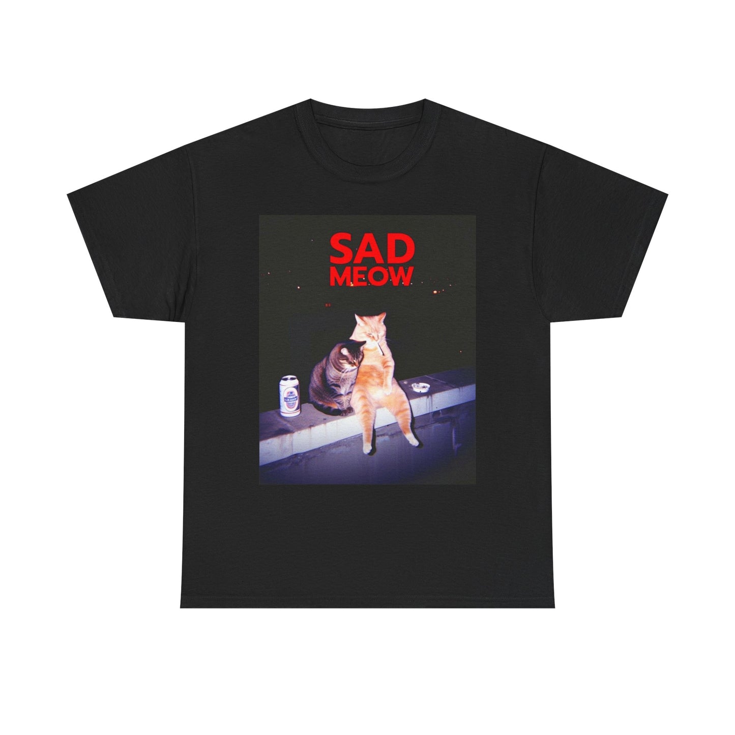 Sad Meow Cat Funny Graphic T Shirt Unisex Heavy Cotton Tee BRAND NEW