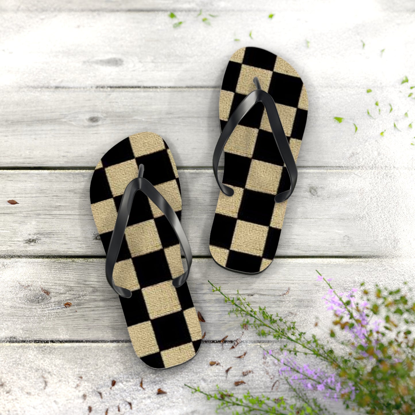 Black And Tan Checkered Beach Sandals, Slides for Summer, Flip Flops