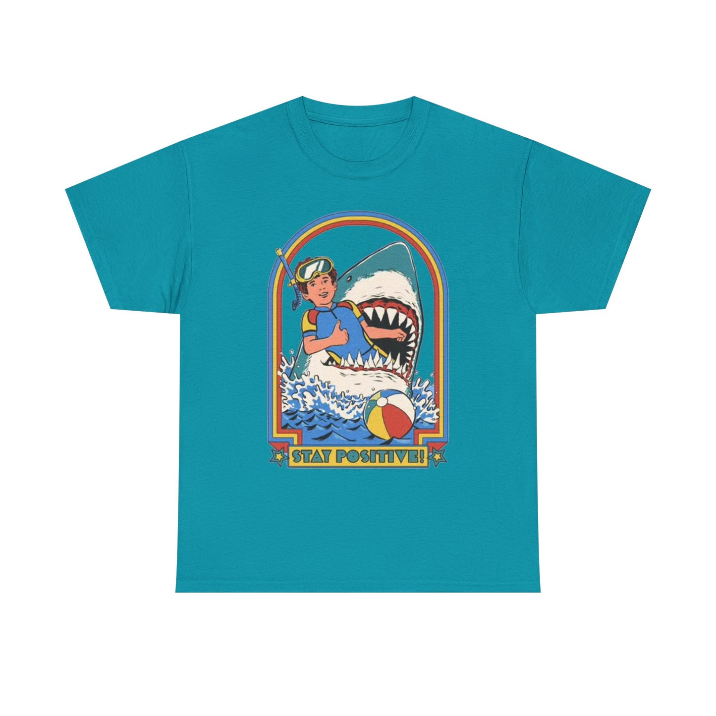 Stay Positive Funny Shark Attack Graphic T Shirt NEW Unisex Heavy Cotton Tee