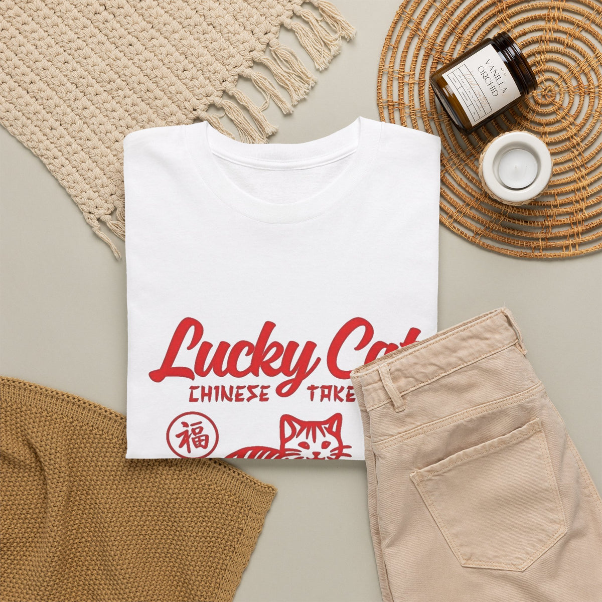 Lucky Cat Chinese Takeaway Graphic T-Shirt Men's Graphic Tee Funny Retro
