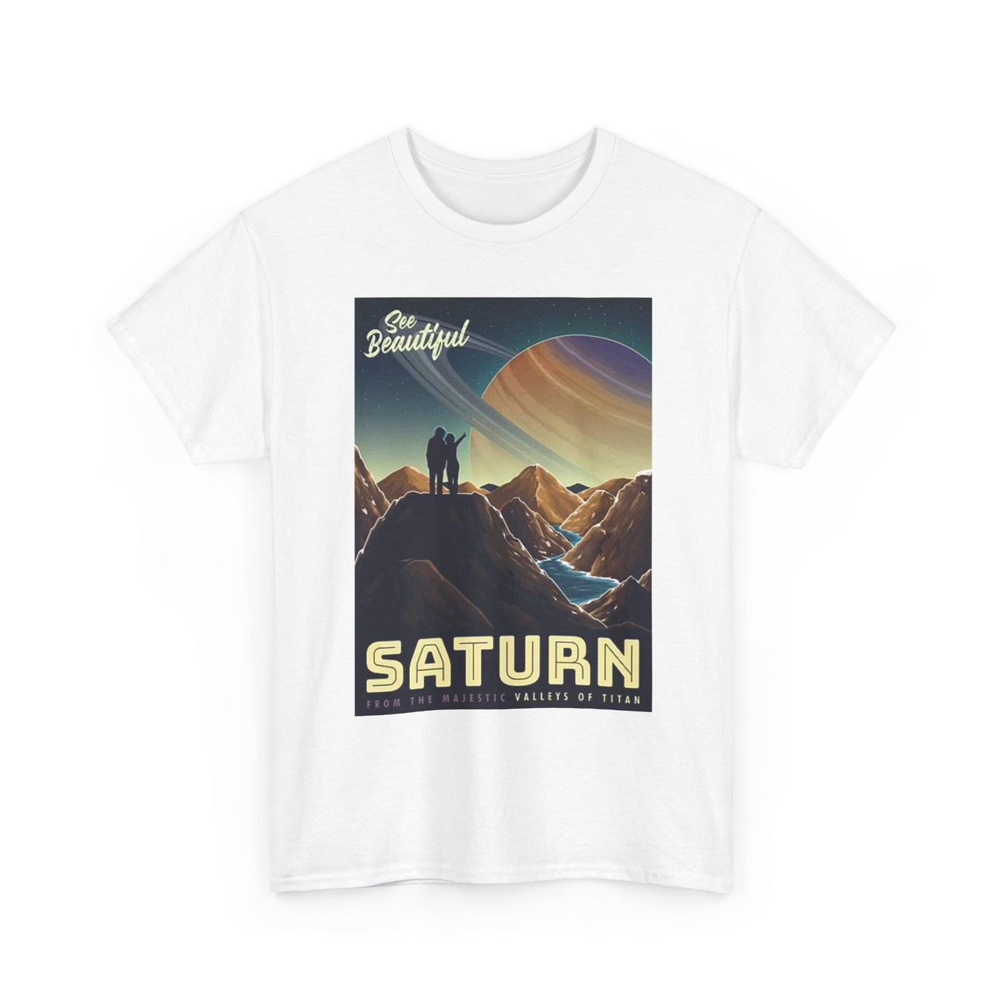 Saturn Space Graphic T Shirt Retro Outer Space Travel Unisex Heavy Cotton Tee