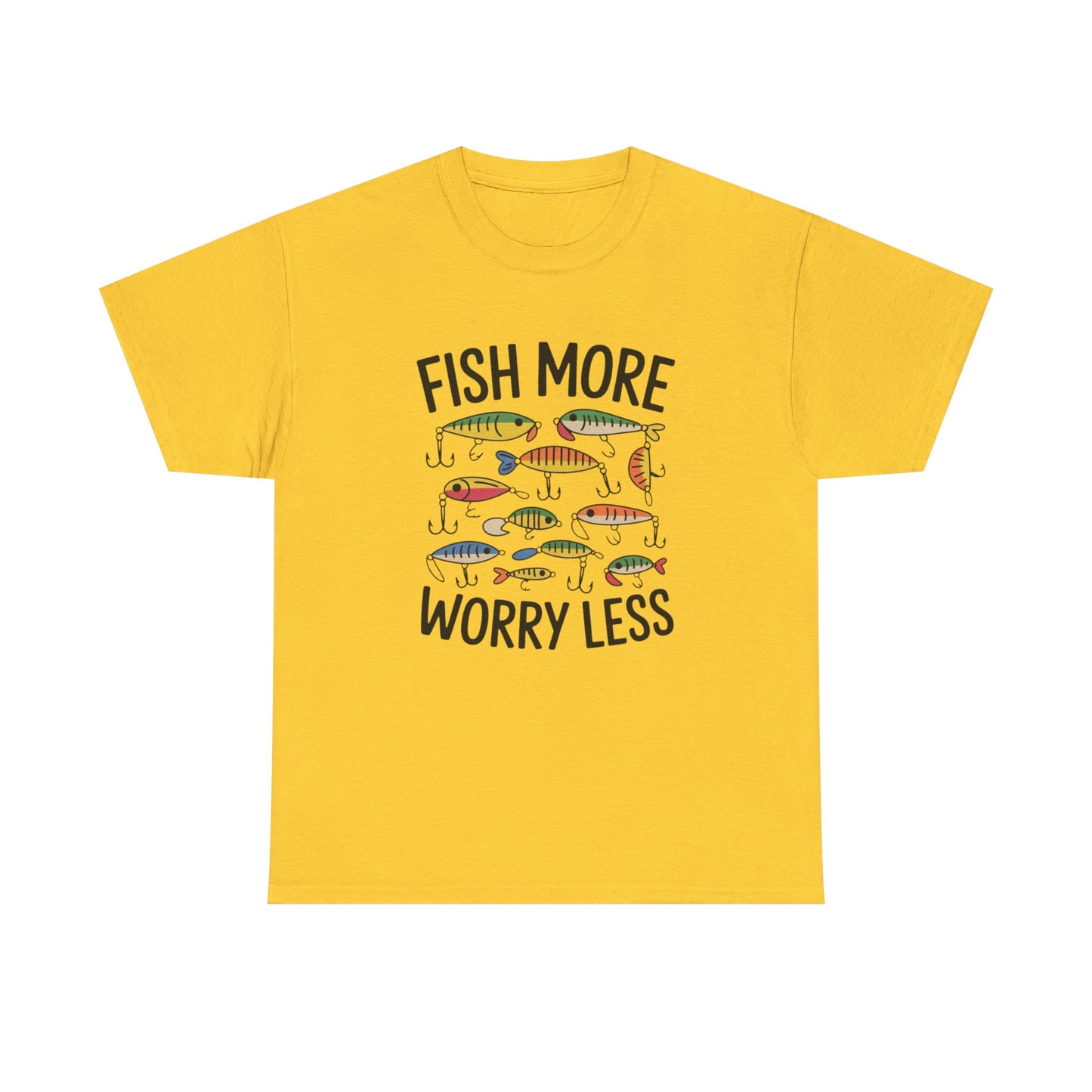 Fish More Worry Less Graphic T Shirt NEW Adult Unisex Heavy Cotton Tee