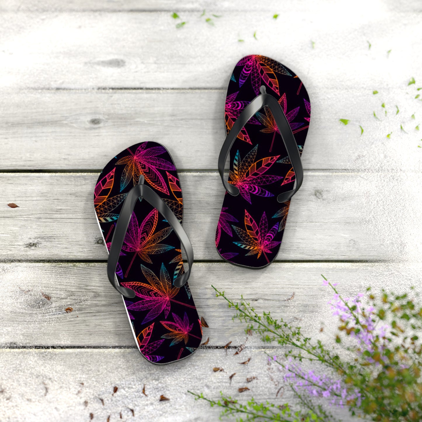 WAVES And SUN Co Sandals Weed Leaf - Flip Flops -Slides Summer Beach BRAND NEW