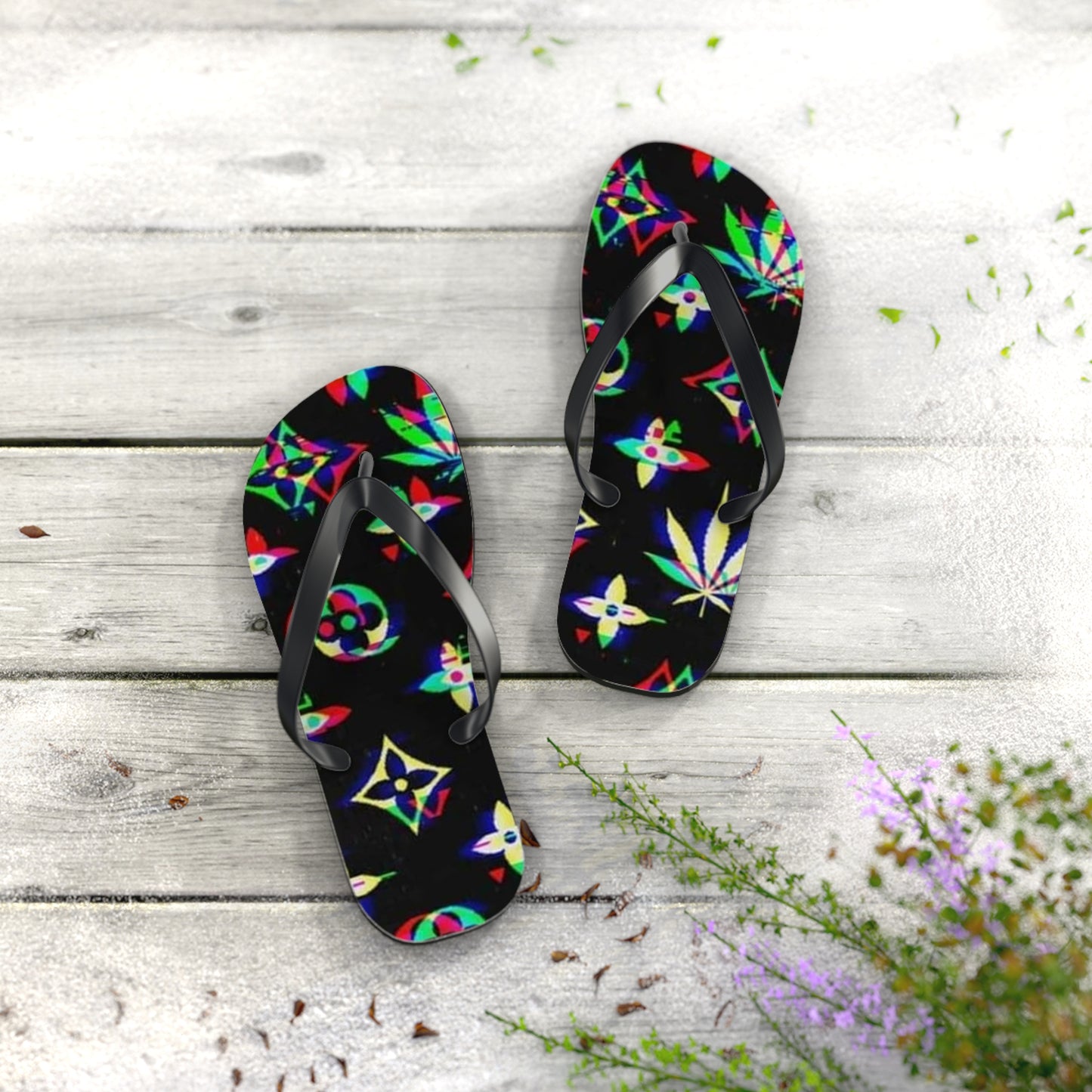 WAVES And SUN Co Sandals Weed Leafs  - Flip Flops -Slides Summer Beach BRAND NEW