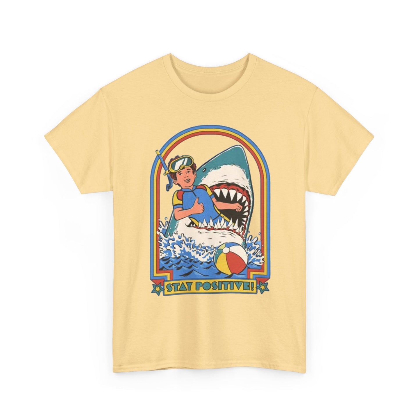 Stay Positive Funny Shark Attack Graphic T Shirt NEW Unisex Heavy Cotton Tee