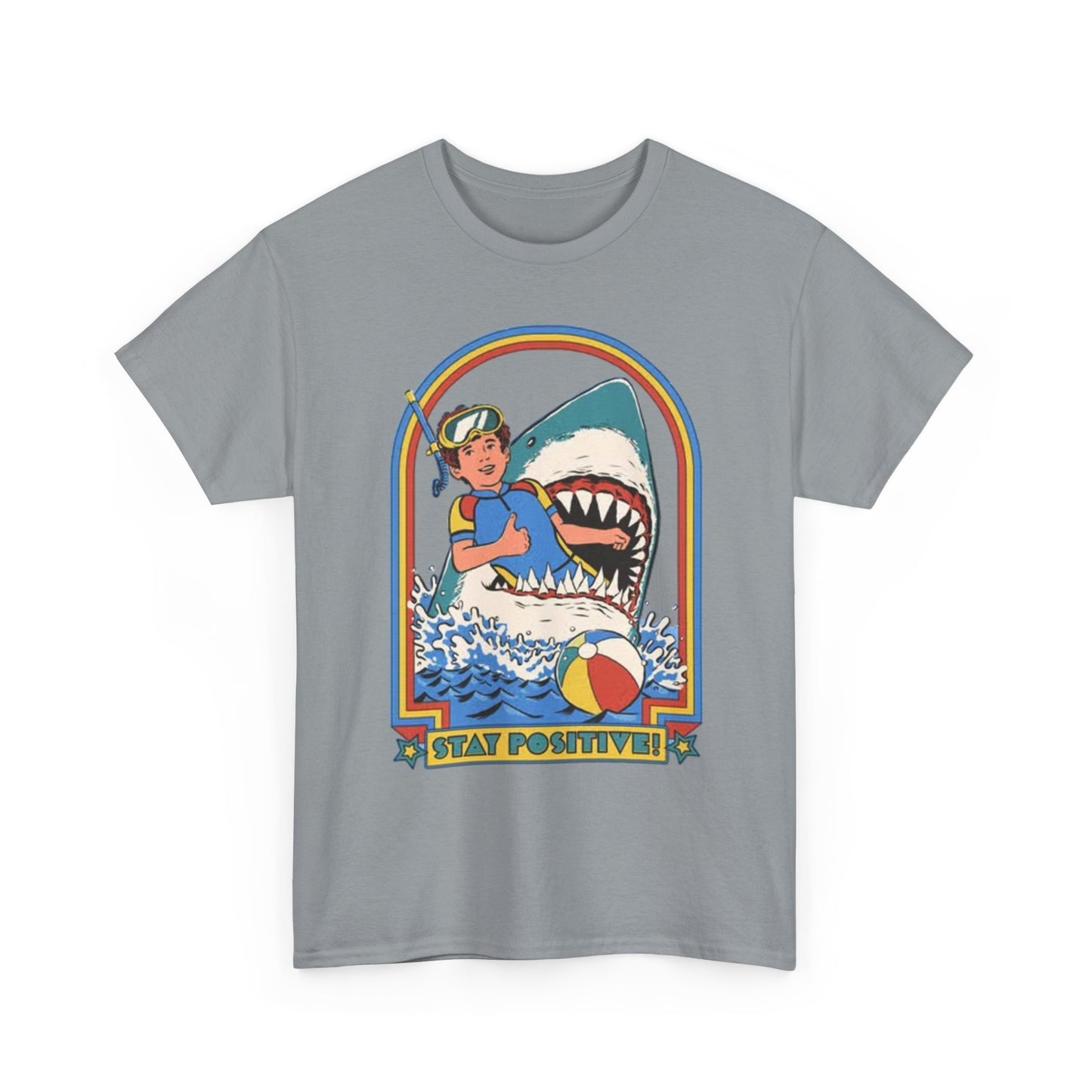 Stay Positive Funny Shark Attack Graphic T Shirt NEW Unisex Heavy Cotton Tee