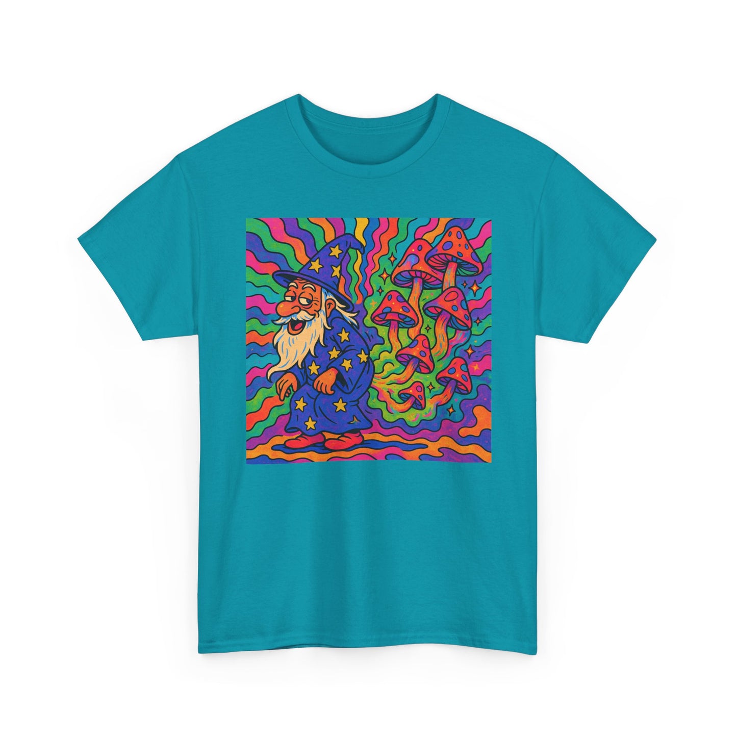 Wizard With Trippy Mushrooms Funny Graphic T Shirt Unisex Heavy Cotton Tee