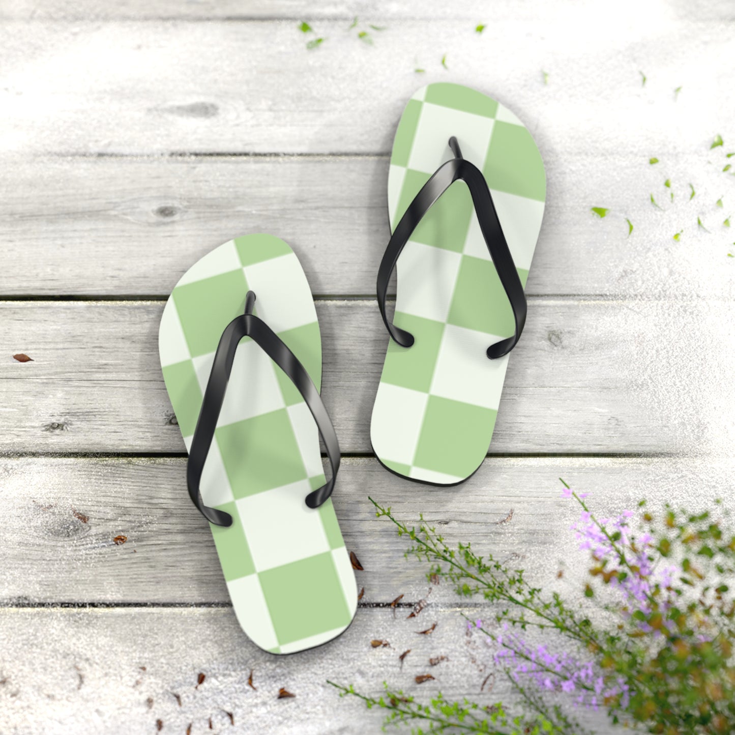 Green Checkered Sandals, Beach Shoes, Vacation Flip Flops, Pool Slides
