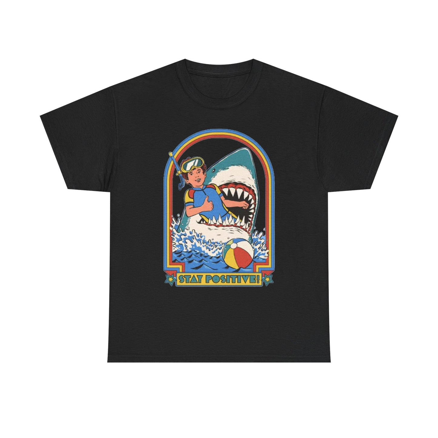 Stay Positive Funny Shark Attack Graphic T Shirt NEW Unisex Heavy Cotton Tee