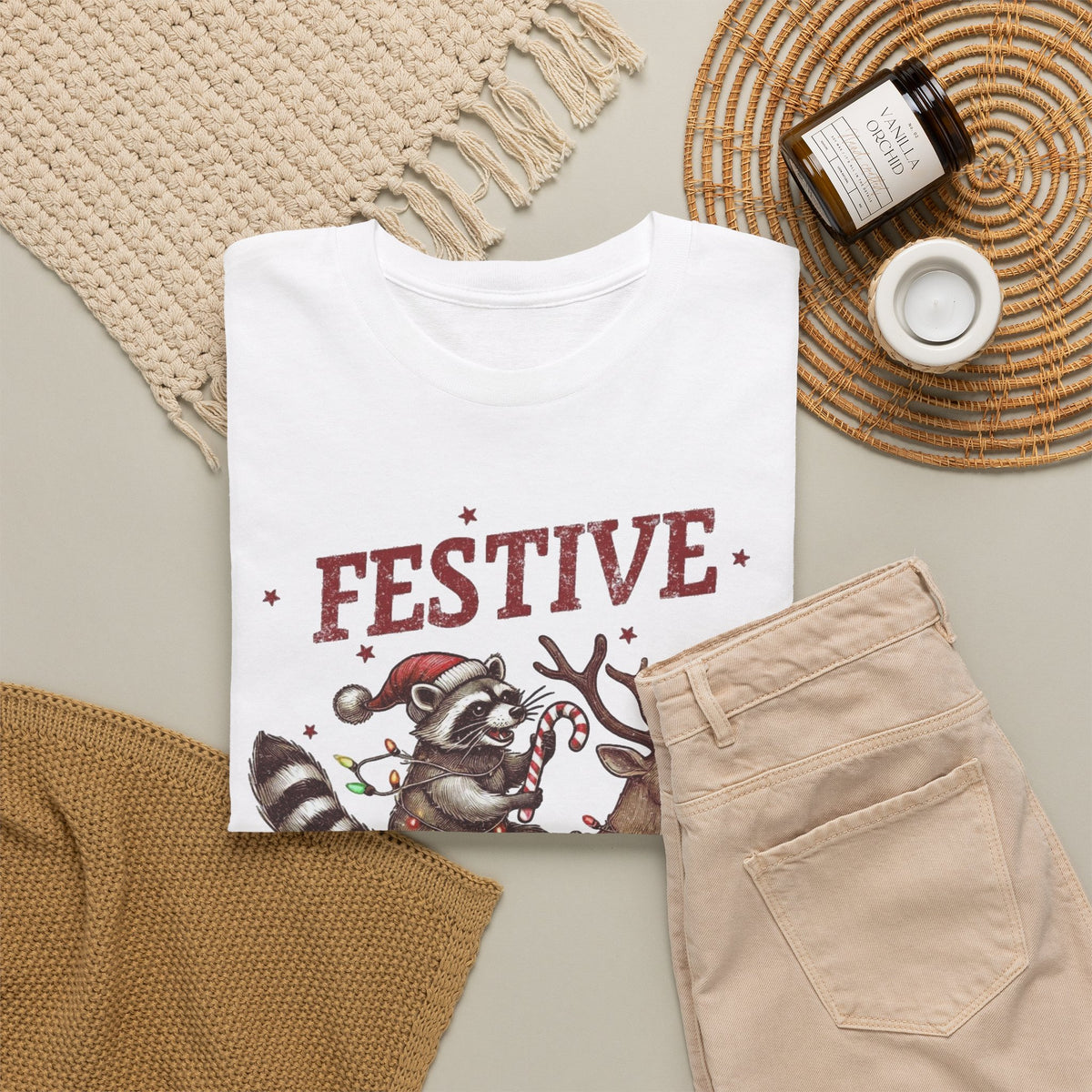 Festive but Feral Raccoon Riding Reindeer Christmas T-Shirt Men's Graphic Tee