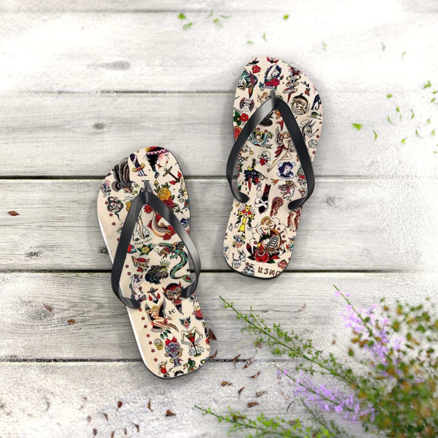 Sailor Jerry Tattoos Sandals, Beach Shoes, Vacation Flip Flops, Pool Slides
