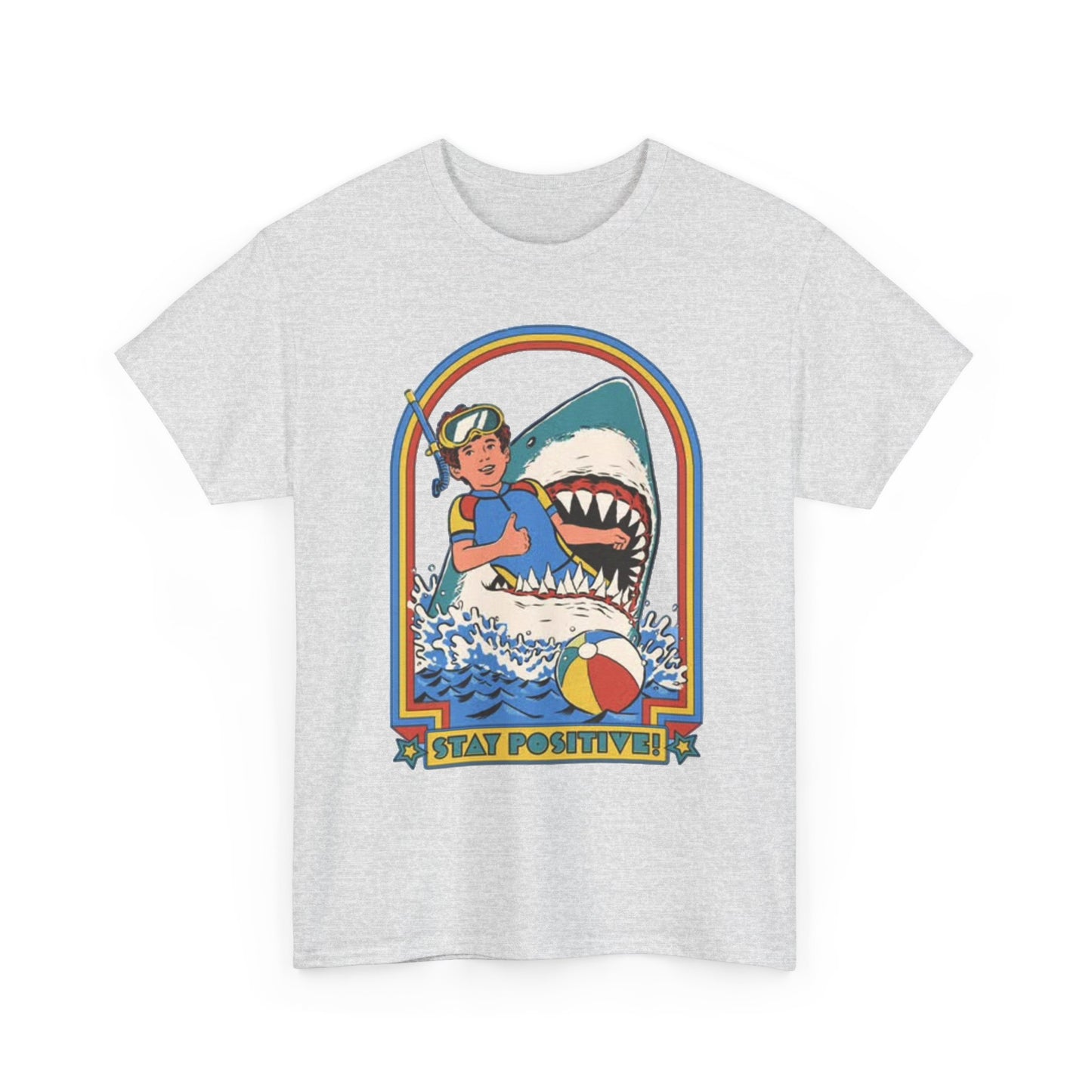 Stay Positive Funny Shark Attack Graphic T Shirt NEW Unisex Heavy Cotton Tee