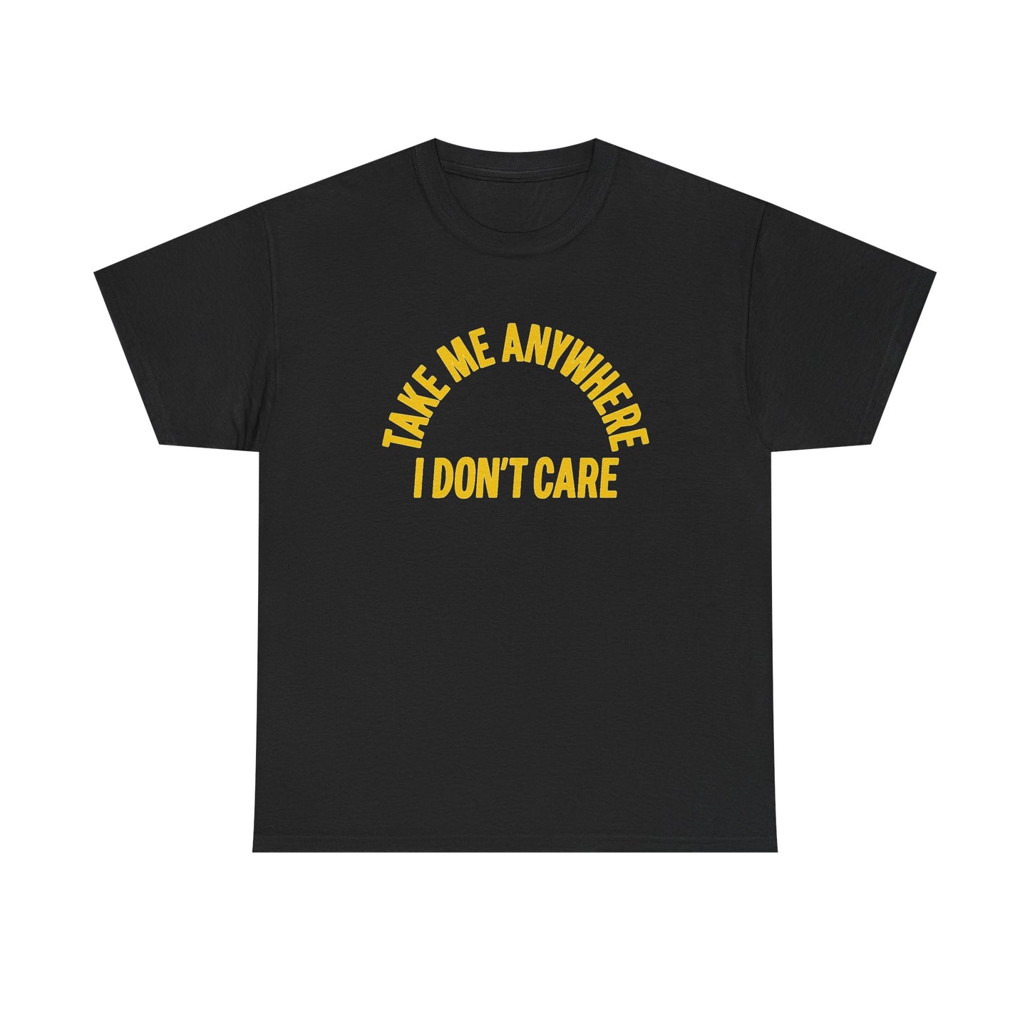 Take Me Anywhere I Don't Care Funny Travel Graphic T Shirt Men's Heavy Cotton Tee