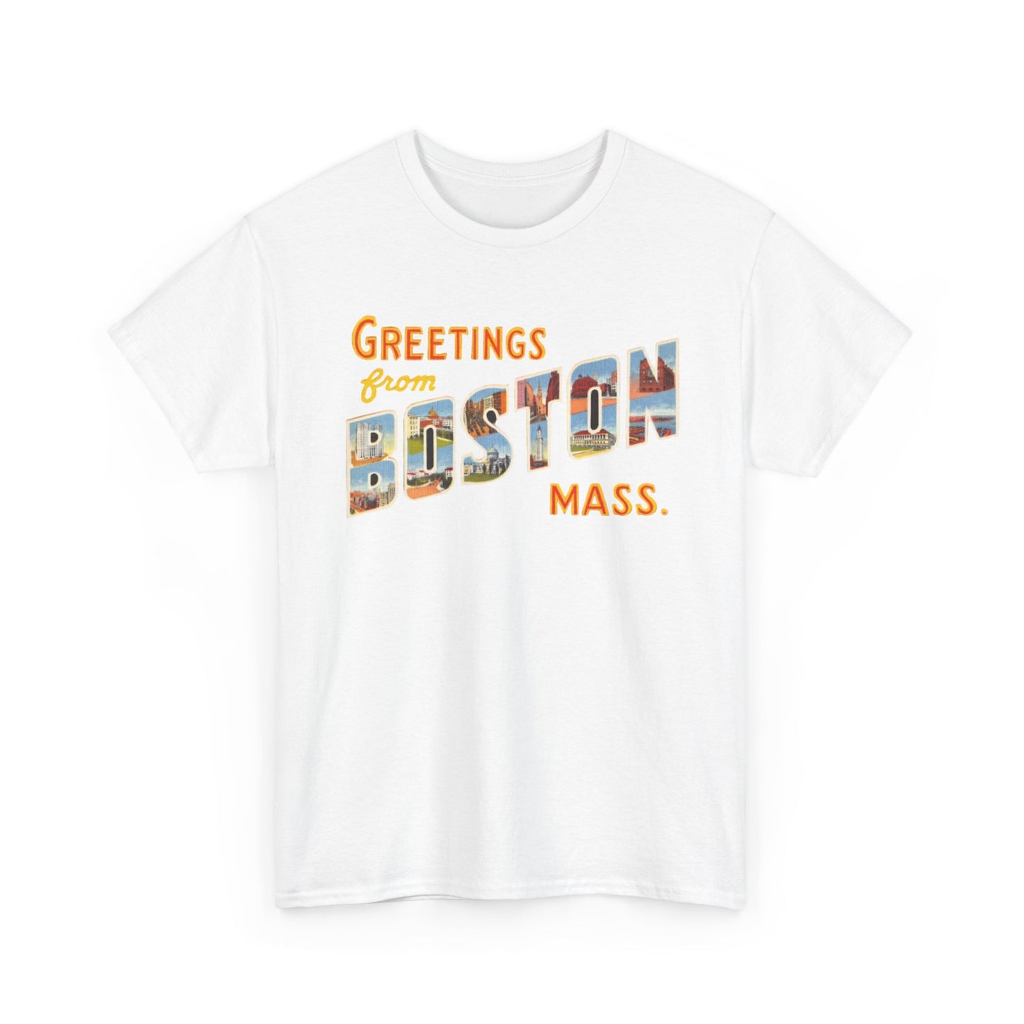 Boston T-shirt vintage postcard skyline retro Dunkin’s Unisex Heavy Cotton Tee