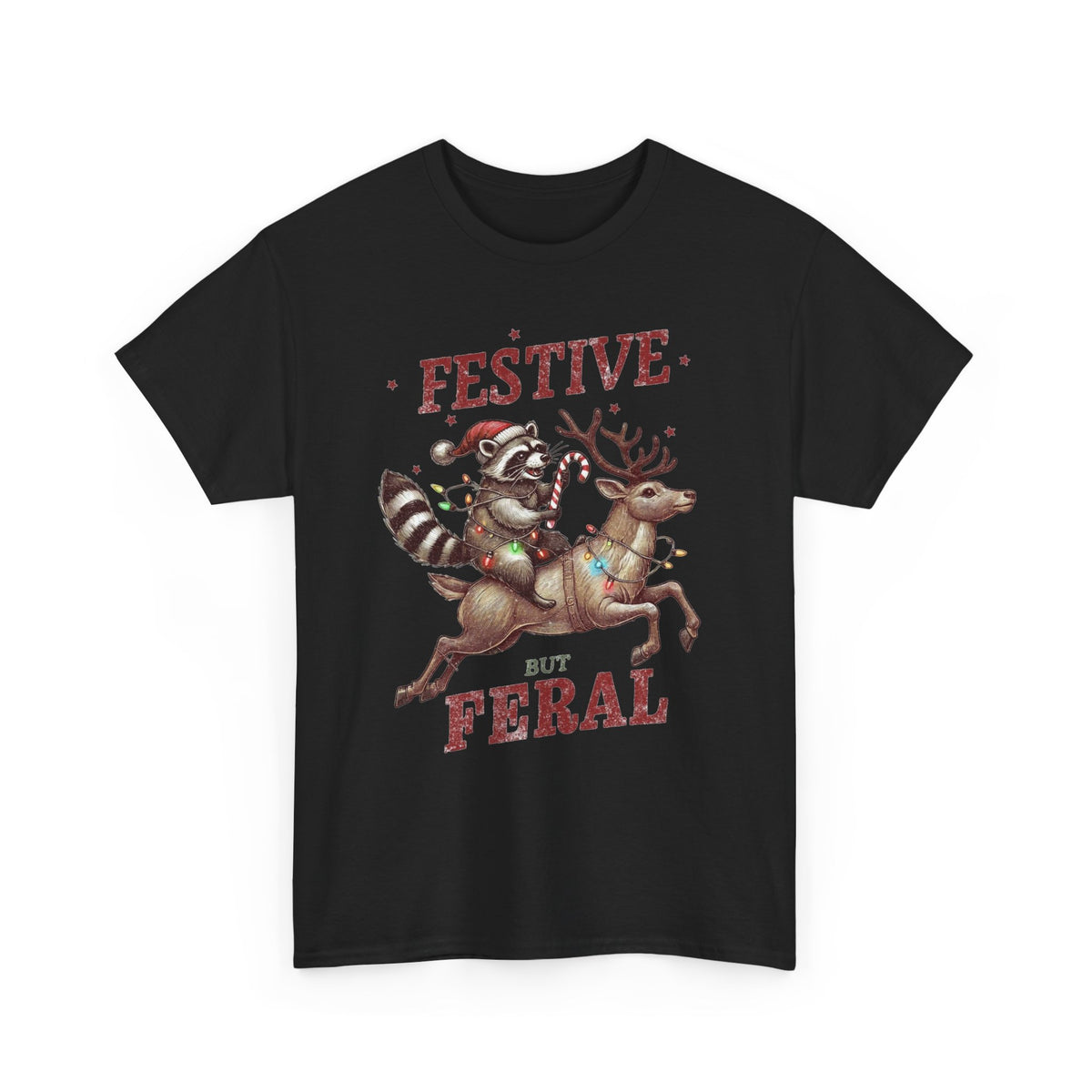 Festive but Feral Raccoon Riding Reindeer Christmas T-Shirt Men's Graphic Tee