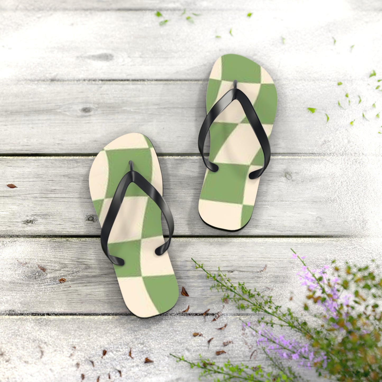 Checkered Wavy Green Sandals, Beach Shoes, Vacation Flip Flops, Pool Slides