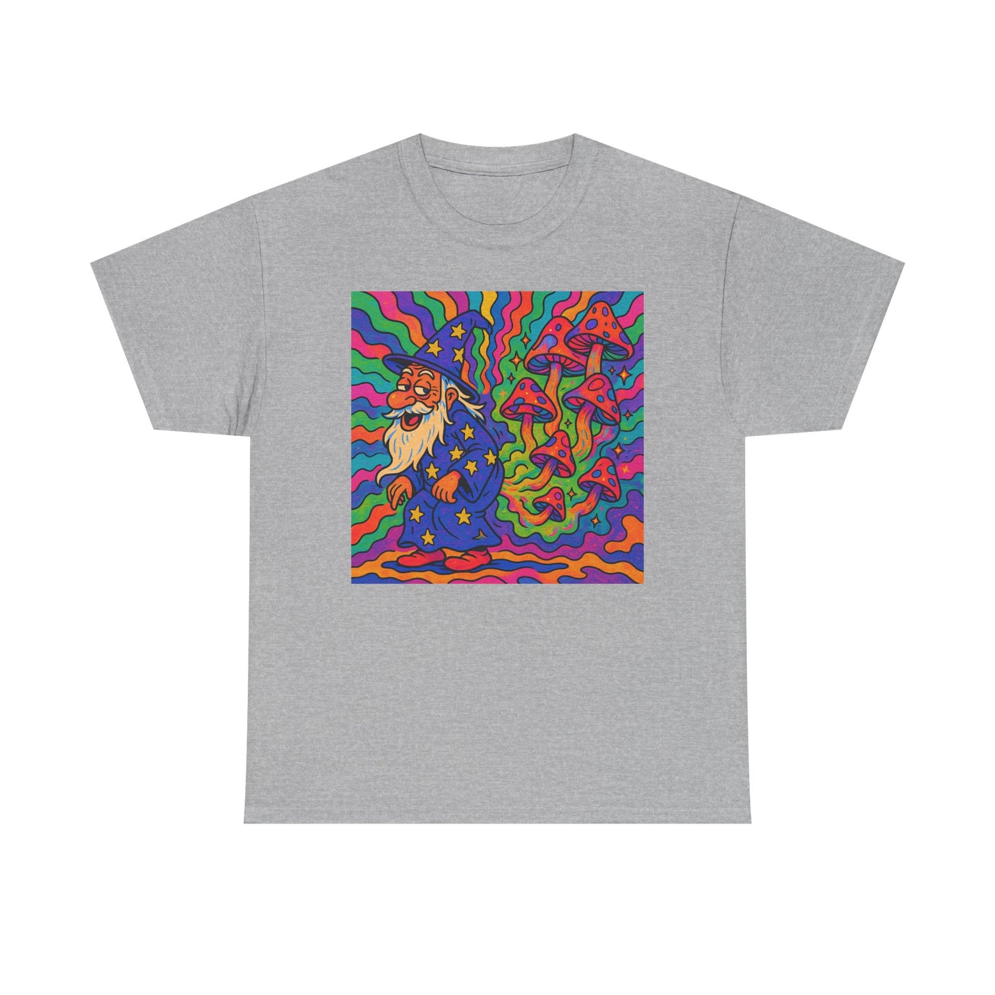 Wizard With Trippy Mushrooms Funny Graphic T Shirt Unisex Heavy Cotton Tee
