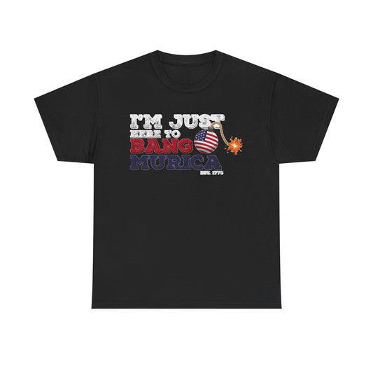 Im Just Here to Bang Tshirt American Flag Military 1776 USA Unisex Heavy Cotton