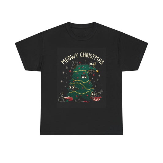 Meowy Graphic T Shirt Cat Christmas Unisex Heavy Cotton Tee