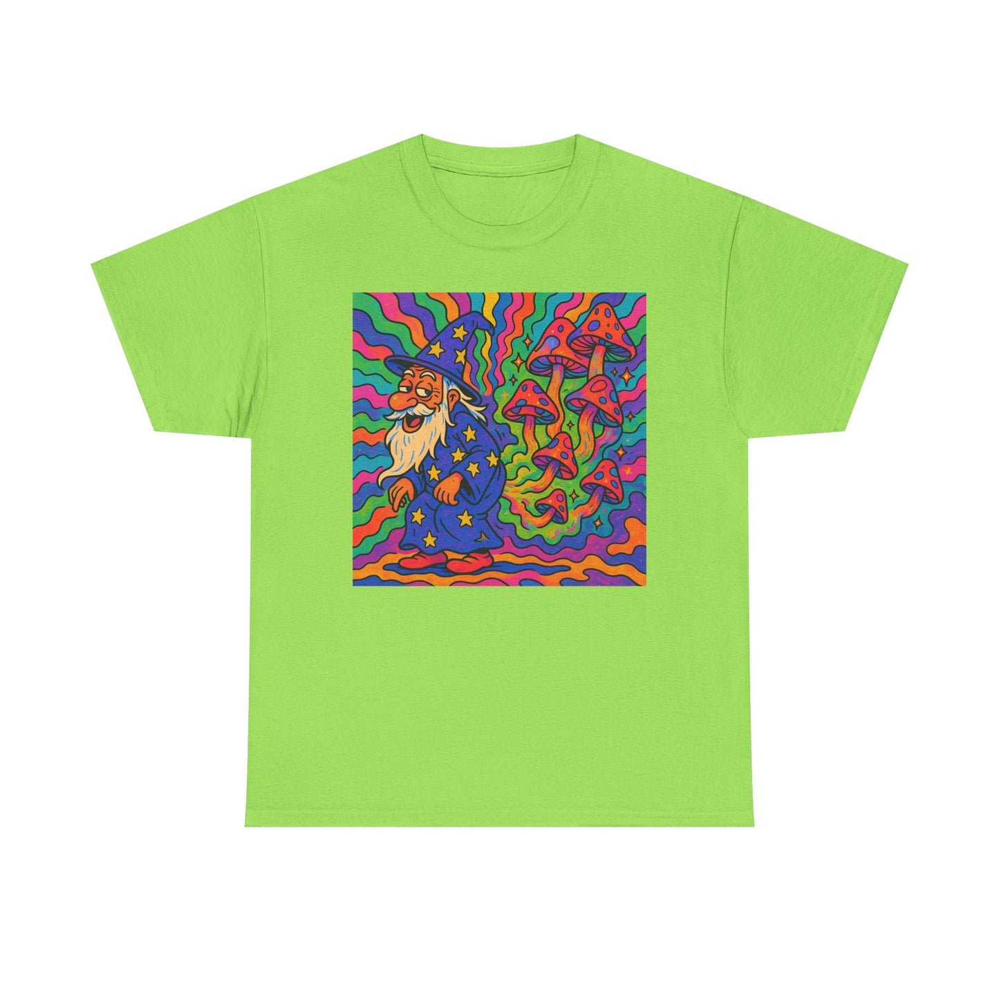Wizard With Trippy Mushrooms Funny Graphic T Shirt Unisex Heavy Cotton Tee