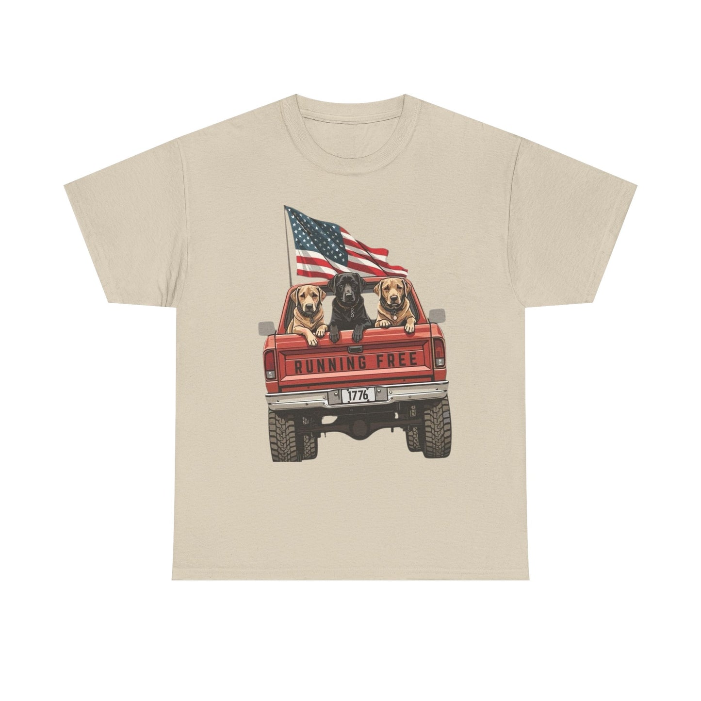 Running Free 1776 USA Dogs In Pickup Graphic T Shirt NEW Unisex Heavy Cotton Tee