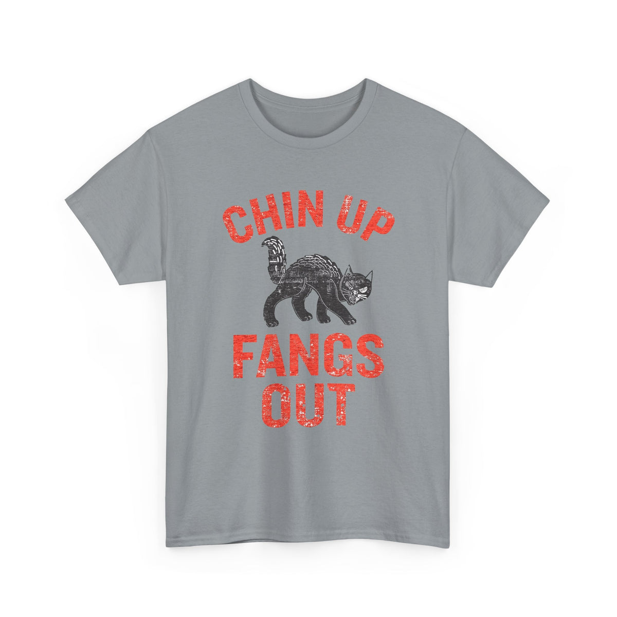 Chin Up Fangs Out Graphic T Shirt Men's Retro Cat Heavy Cotton Tee
