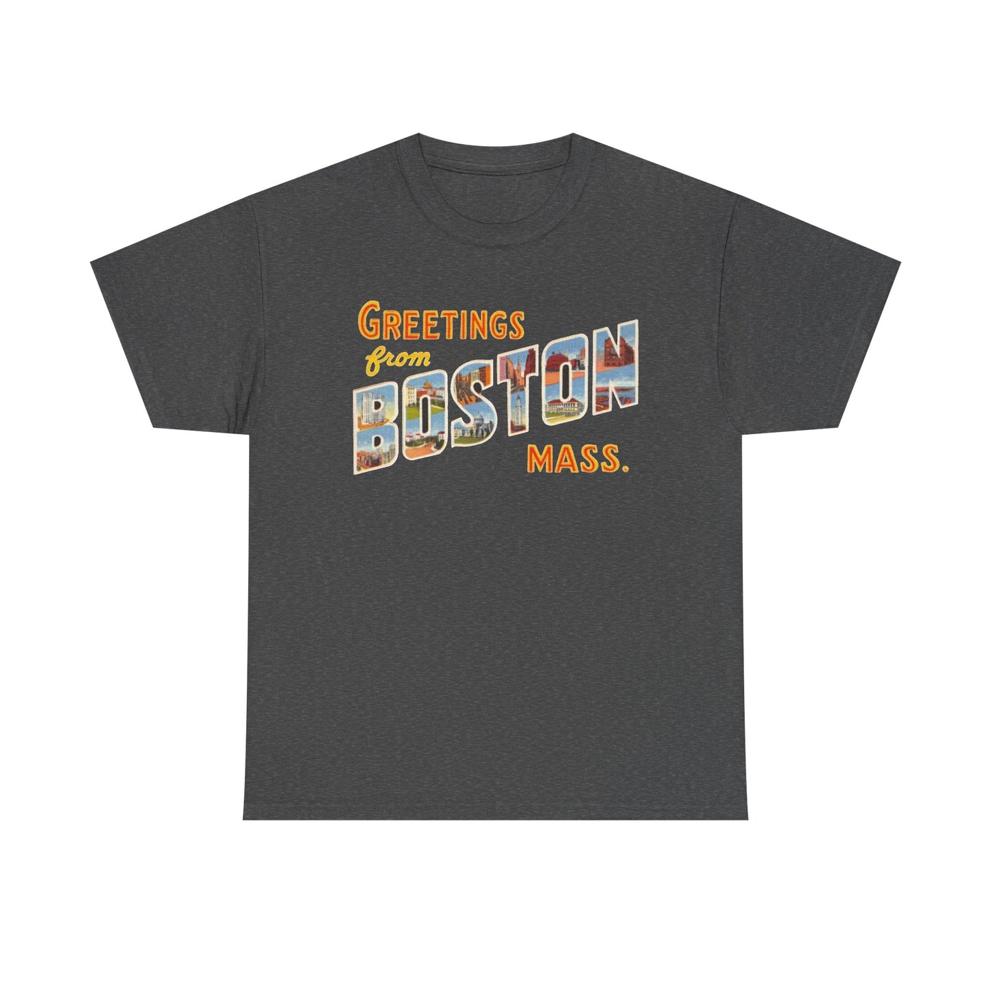 Boston T-shirt vintage postcard skyline retro Dunkin’s Unisex Heavy Cotton Tee