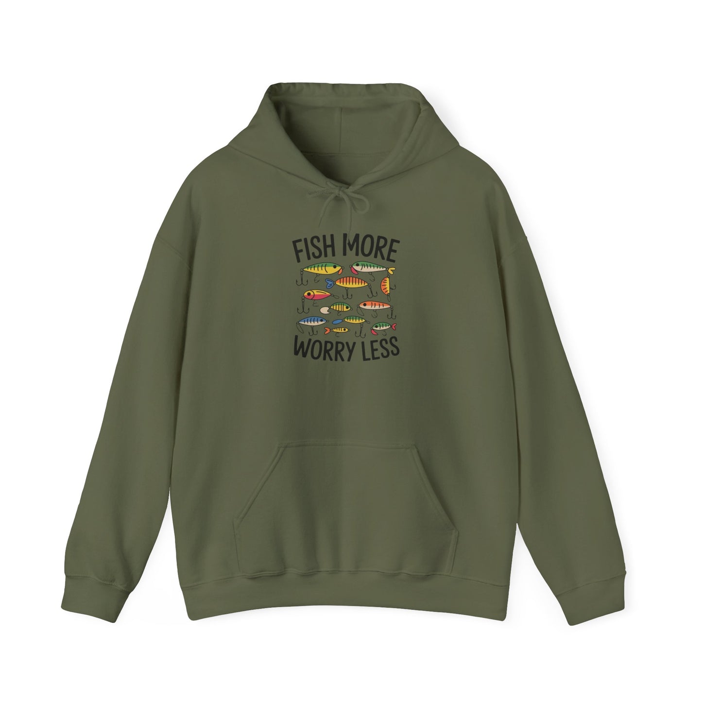 Fish More Worry Less Graphic Hoodie Heavy Blend Sweatshirt NEW