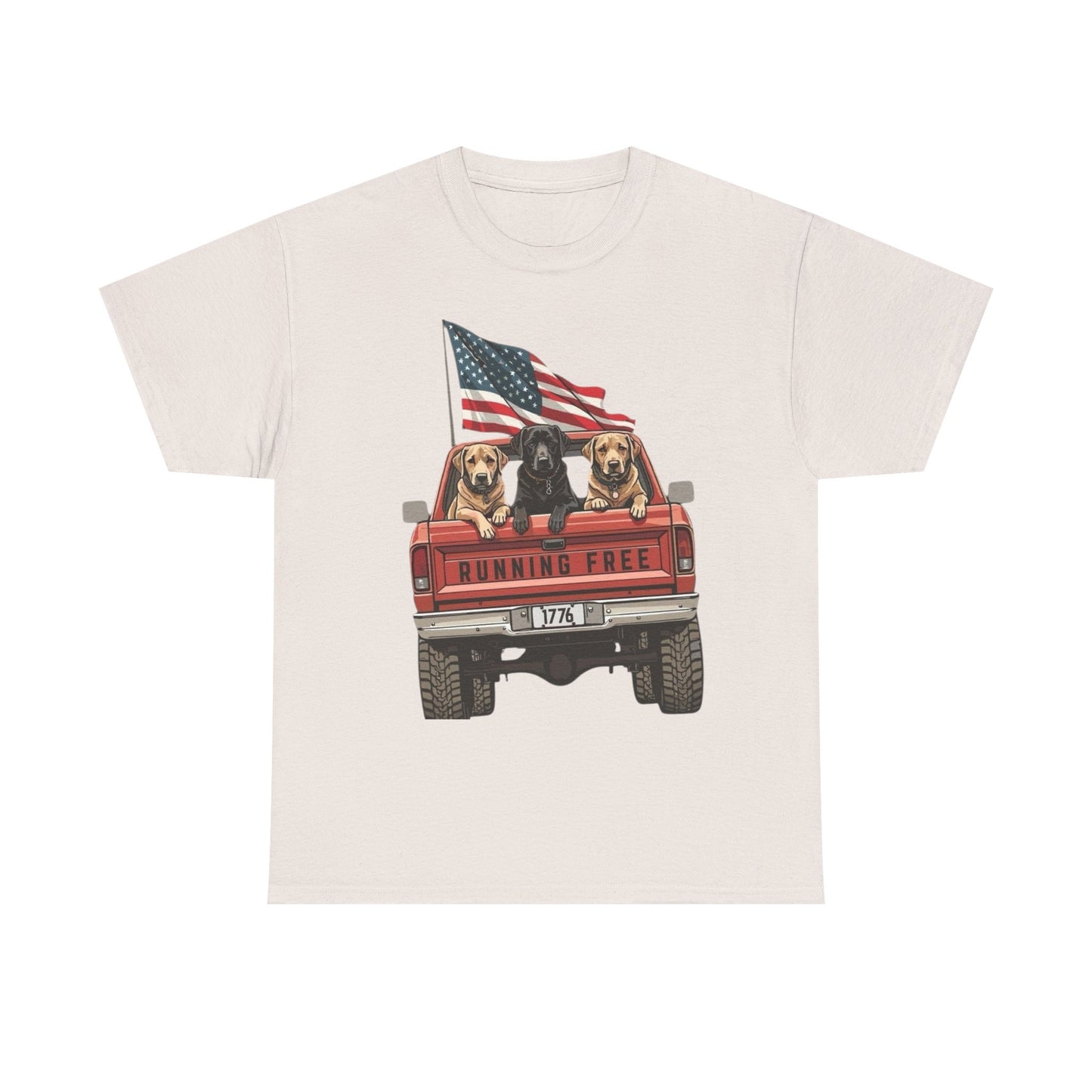 Running Free 1776 USA Dogs In Pickup Graphic T Shirt NEW Unisex Heavy Cotton Tee