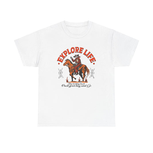 Explore Life Cowboy Graphic T Shirt Unisex Heavy Cotton Tee New Gift