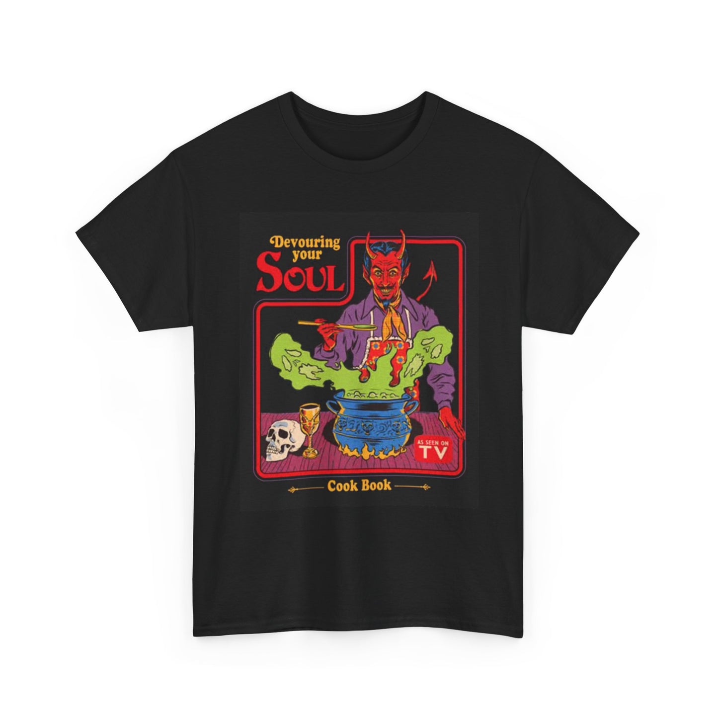 Demon Cookbook Funny Satan Graphic T Shirt Cartoon Unisex Heavy Cotton Tee