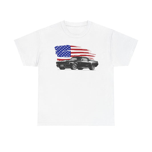 Ford Mustang Shirt Retro Classic Muscle American Flag Unisex Heavy Cotton Tee