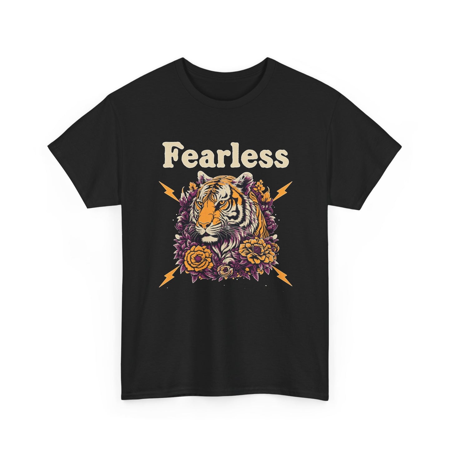 Fearless Tiger Retro Art Flowers Graphic T Shirt Regular Men's Heavy Cotton Tee