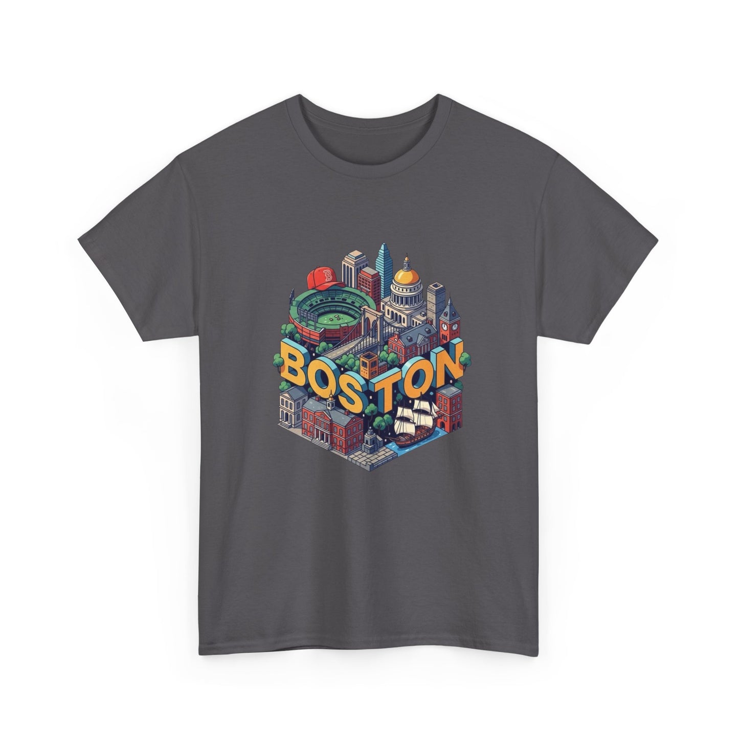 Boston Mass landmarks Retro Graphic T Shirt NEW GIFT Unisex Heavy Cotton Tee