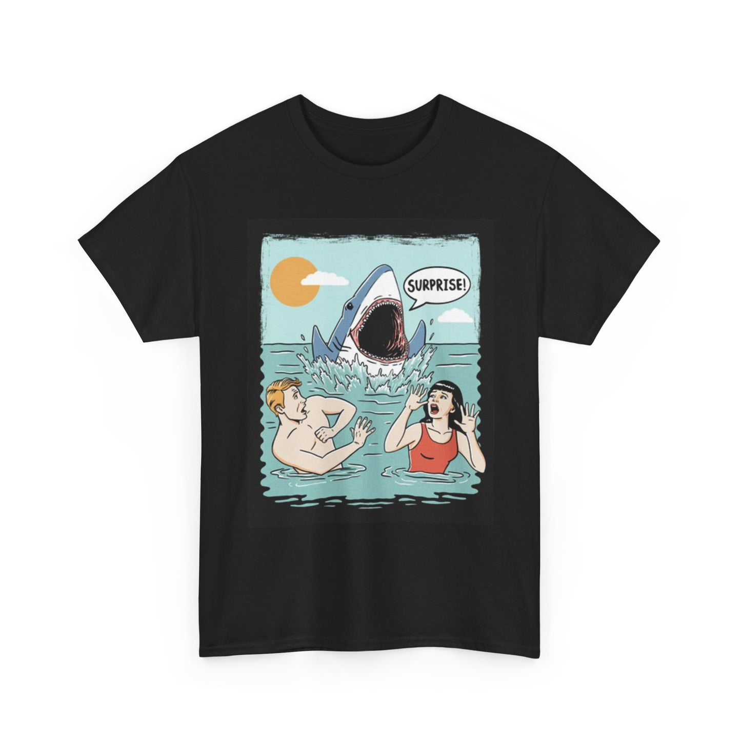 Shark Surprise Graphic T Shirt Funny Cartoon Retro Art Unisex Heavy Cotton Tee