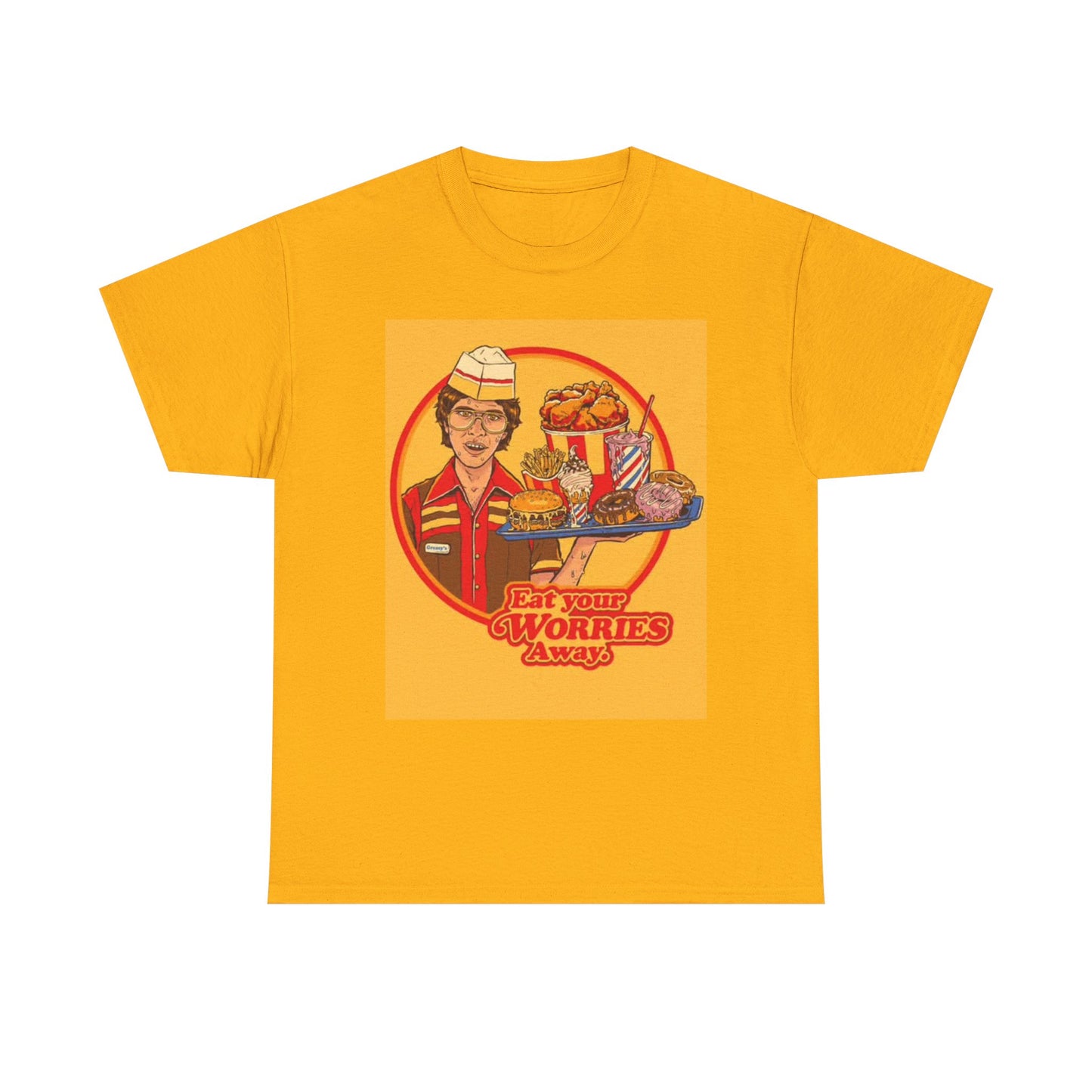 Eat your Worries Tshirt Funny Fast food 80s Commercial Unisex Heavy Cotton Tee