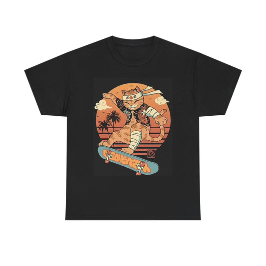 Ninja Skateboarding Cat T Shirt Graphic Funny Unisex Heavy Cotton Tee
