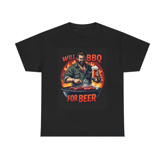 Will BBQ For Beer Funny Graphic T Shirt Unisex Heavy Cotton Tee