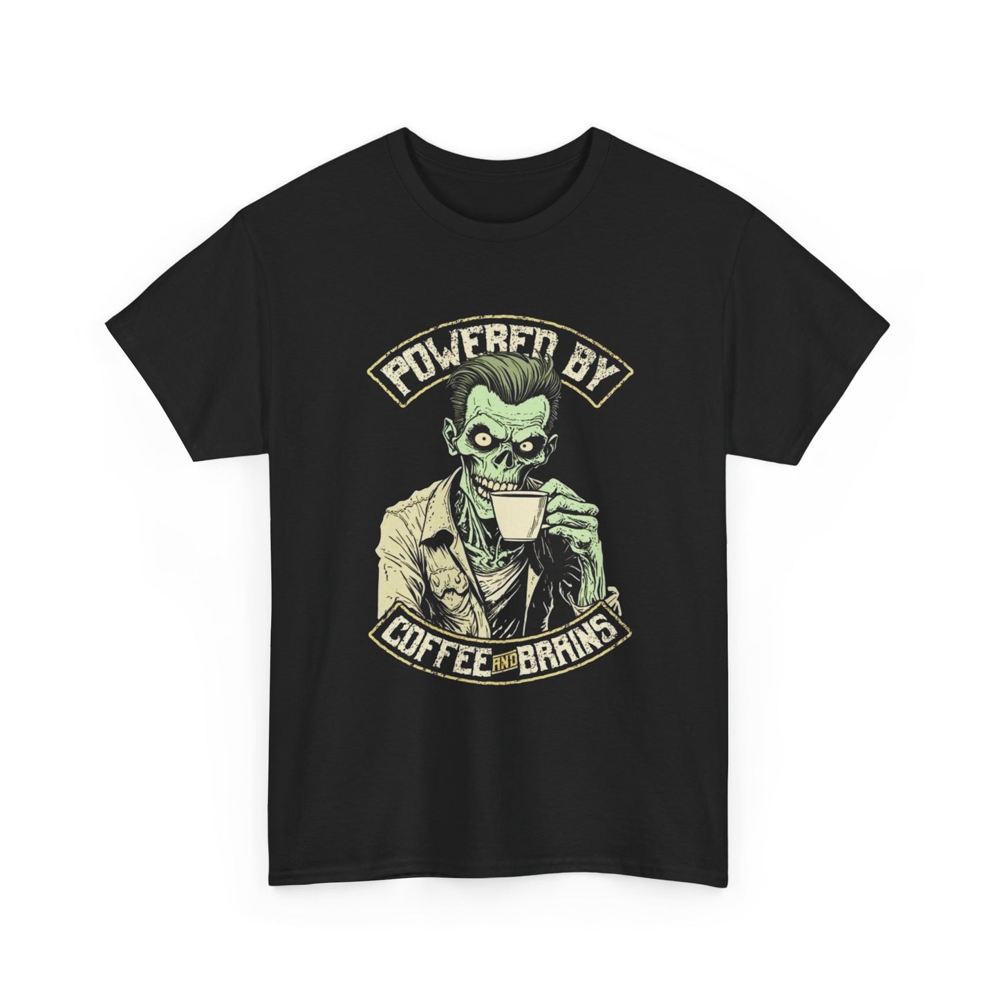 Powered By Coffee And Brains Zombies T Shirt Unisex Heavy Cotton Tee