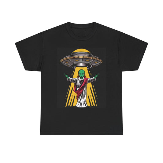 Alien Jesus Graphic T Shirt Funny Space Ship Unisex Heavy Cotton Tee
