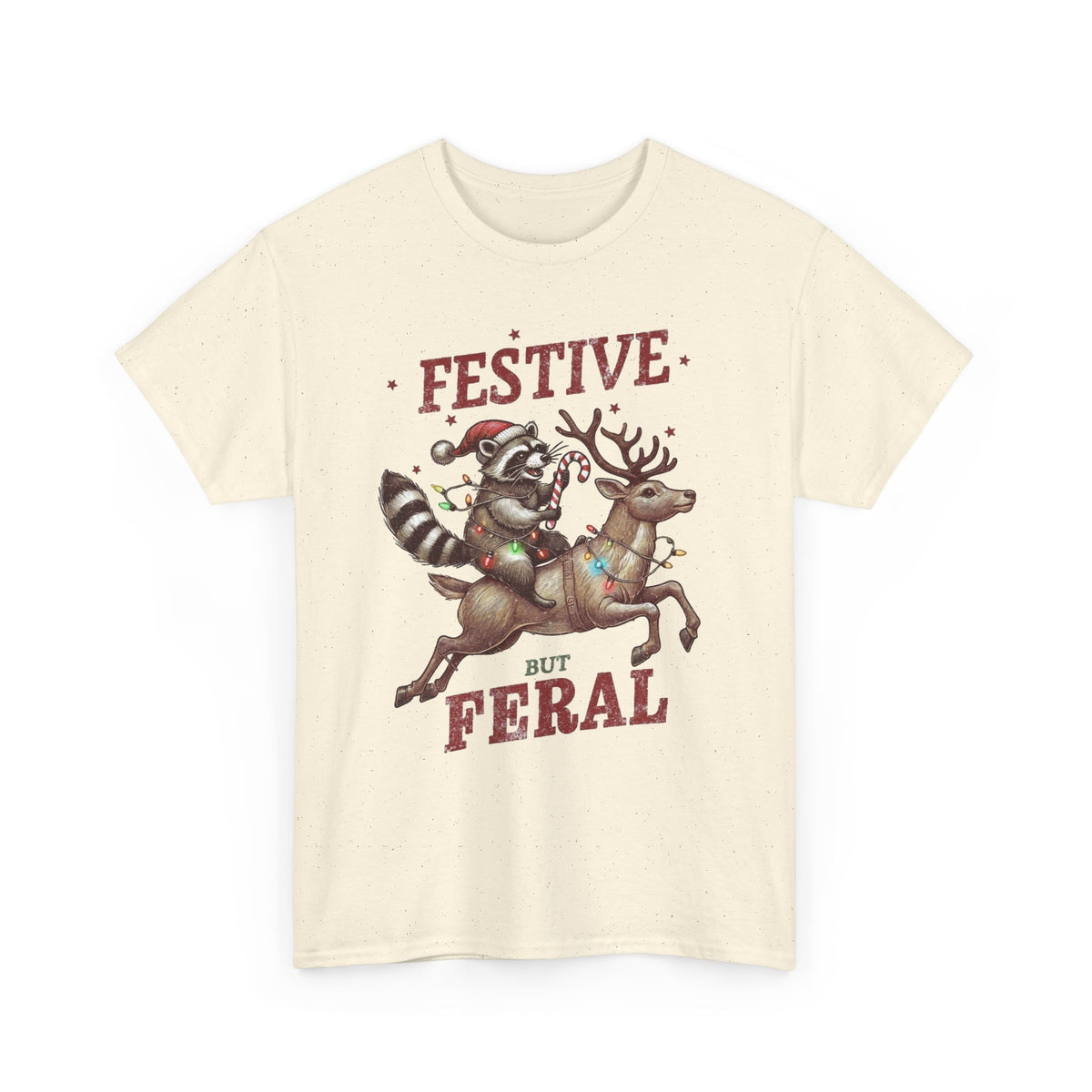 Festive but Feral Raccoon Riding Reindeer Christmas T-Shirt Men's Graphic Tee