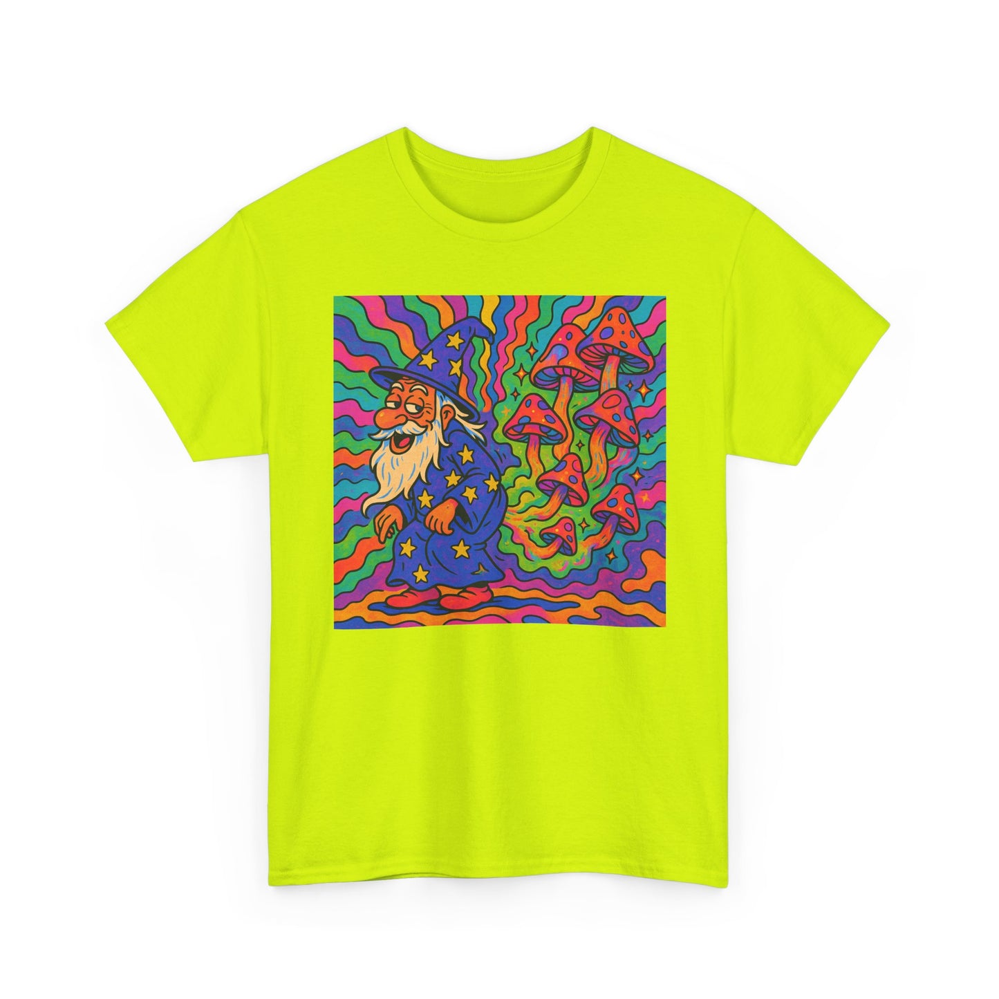 Wizard With Trippy Mushrooms Funny Graphic T Shirt Unisex Heavy Cotton Tee
