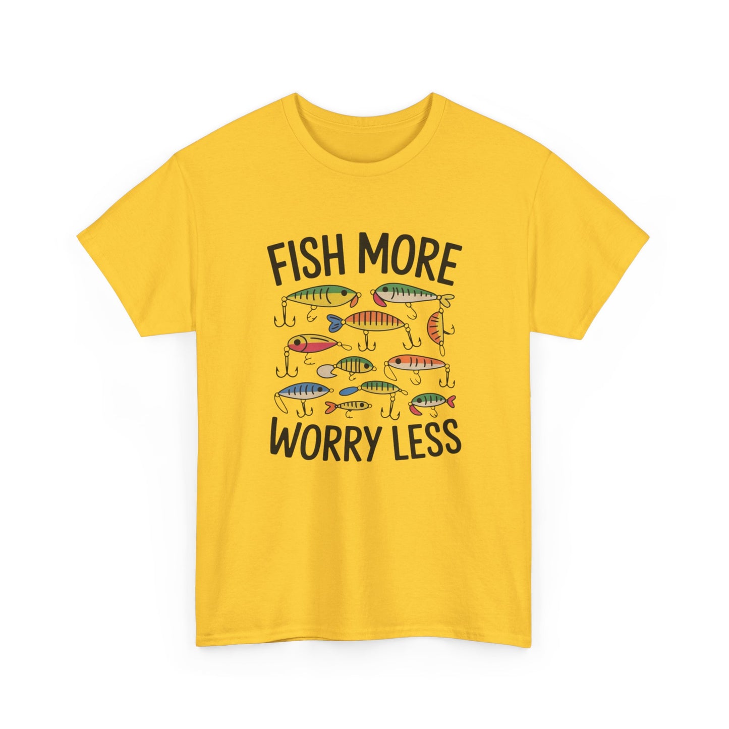 Fish More Worry Less Graphic T Shirt NEW Adult Unisex Heavy Cotton Tee
