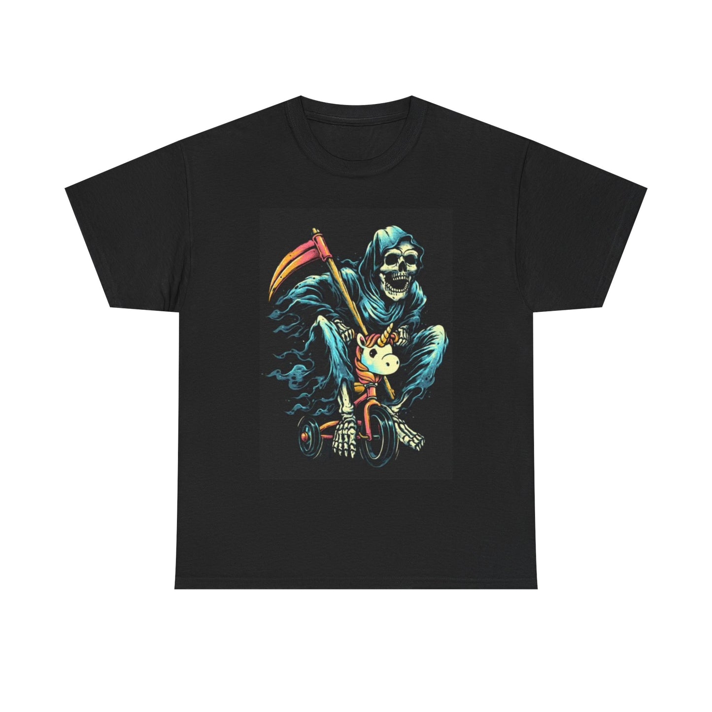 Grim Reaper Unicorn On Bike Shirt Funny Graphic Unisex Heavy Cotton Tee